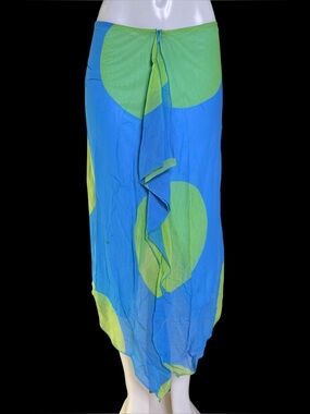 Vintage Y2K Parameter Silk Skirt 10 Blue Green Polka Dot Ruffle Asymmetrical